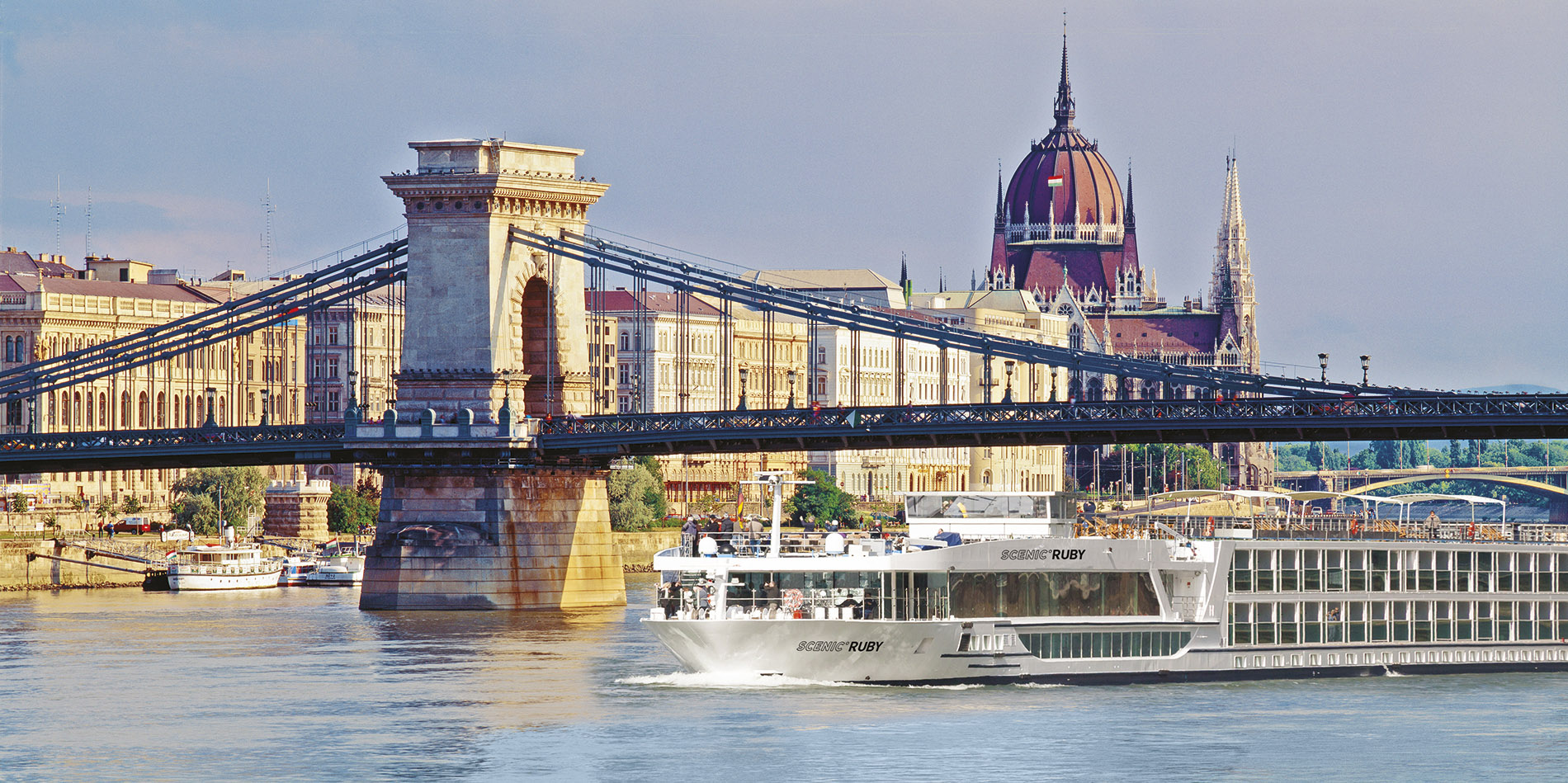 Exterior view of Scenic Ruby sailing near Budapest, Hungary